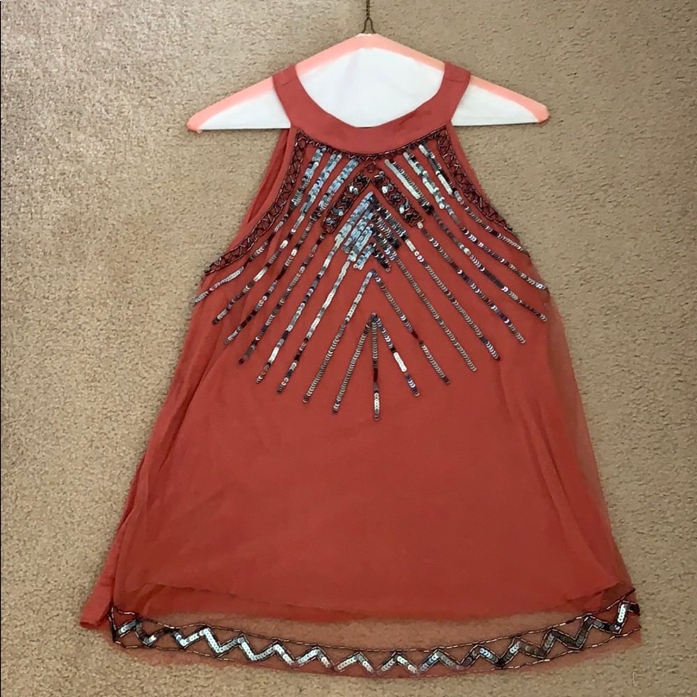 Coral and dark silver sequin tank